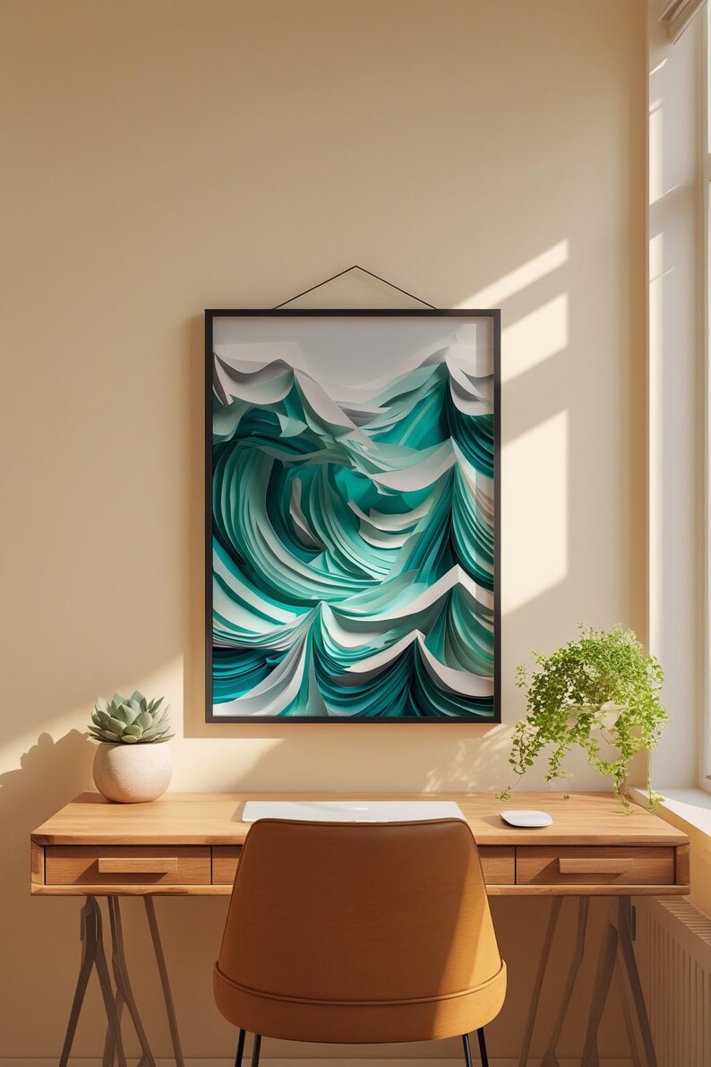 Layered Ocean Waves | Paper Cut Art | Turquoise Abstract Coastal zdjęcie 1