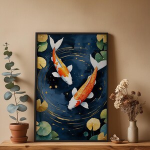Koi Fish Zen Art | Japanese Garden Poster | Indigo Gold Wall Decor image 4
