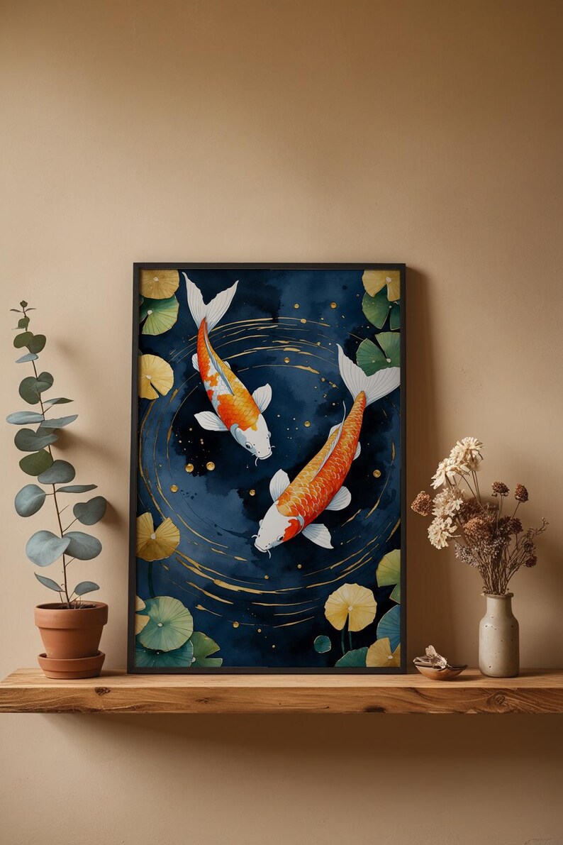 Koi Fish Zen Art | Japanese Garden Poster | Indigo Gold Wall Decor image 4