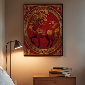 Chinese horse art | Red gold zodiac poster | Asian wall decor Bild 3