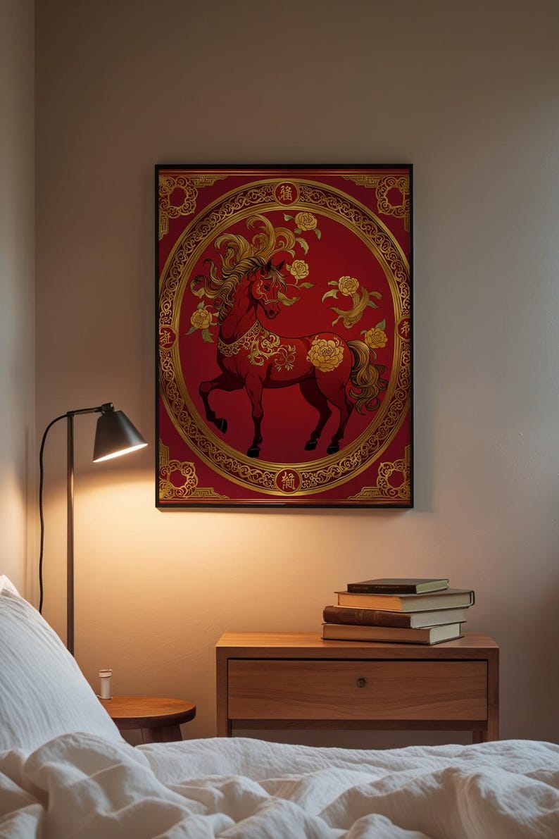 Chinese horse art | Red gold zodiac poster | Asian wall decor Bild 3