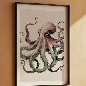 Póster de pulpo en acuarela, arte marino suave y criatura marina caprichosa imagen 7