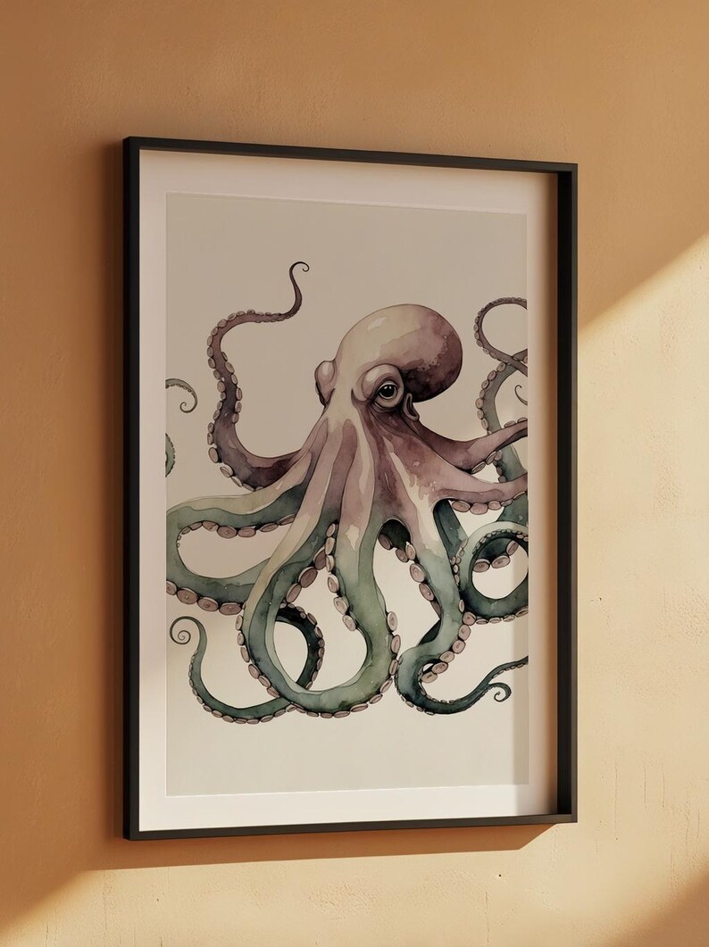 Póster de pulpo en acuarela, arte marino suave y criatura marina caprichosa imagen 7