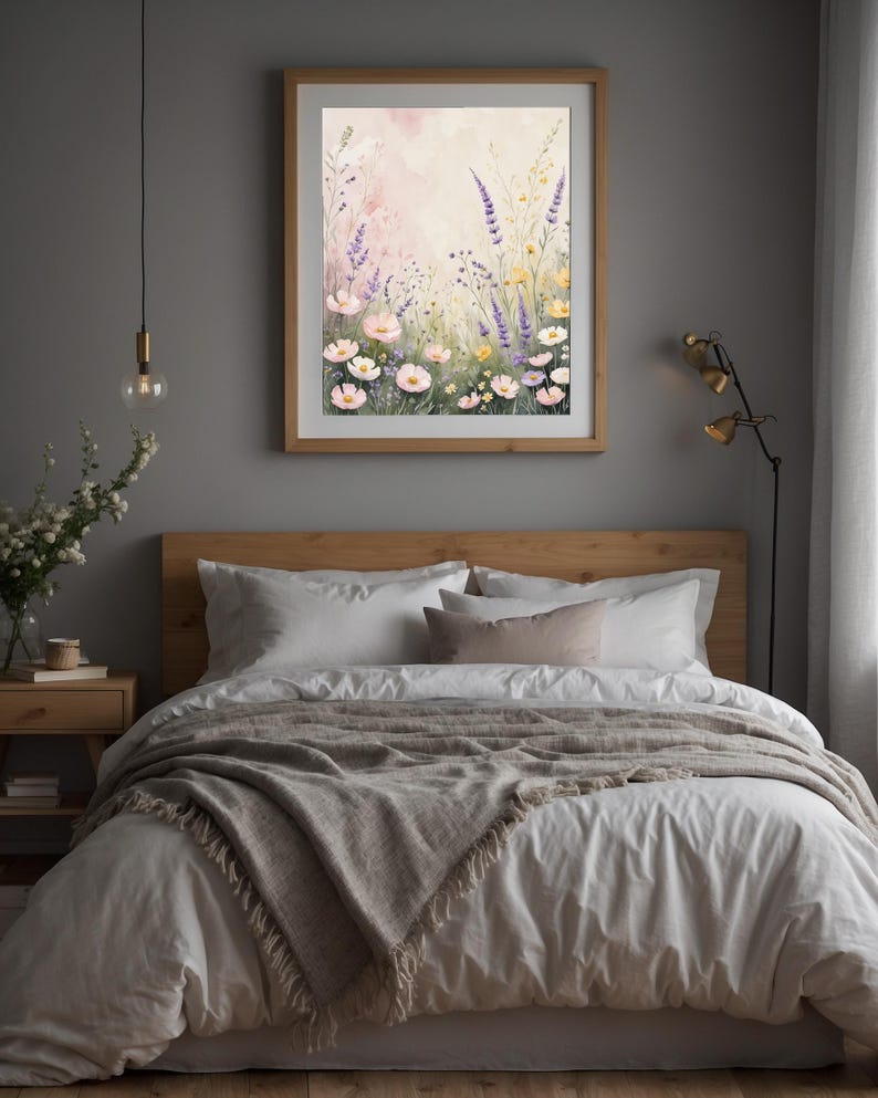 Prado de flores silvestres en tonos pastel / Póster botánico romántico / Arte de acuarela suave imagen 8