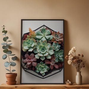 Succulent poster print close-up detail showing vibrant archival ink colors on museum-quality matte paper with textured botanical rendering