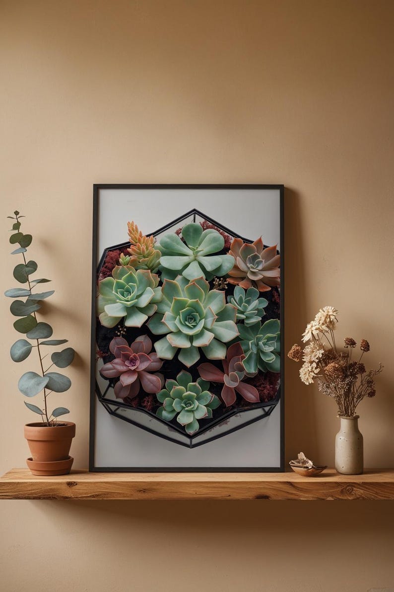 Succulent poster print close-up detail showing vibrant archival ink colors on museum-quality matte paper with textured botanical rendering