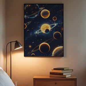 Space planets art print mockup framed on a bedroom wall between minimalist furniture and warm ambient lighting