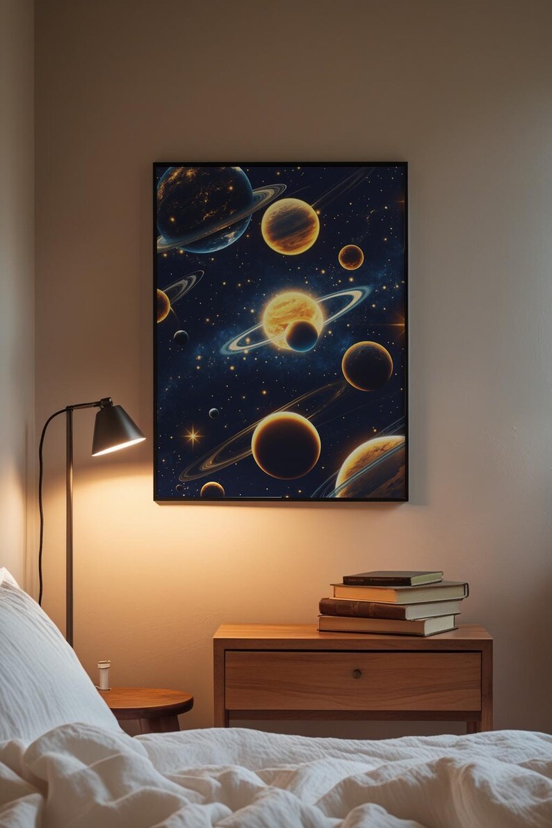 Space planets art print mockup framed on a bedroom wall between minimalist furniture and warm ambient lighting