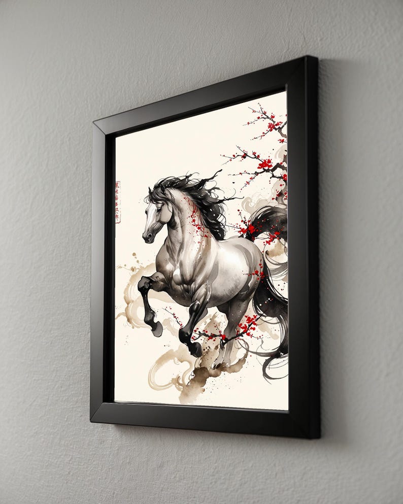 Horse Cherry Blossom | Asian Ink Art Print | Japanese Watercolor Poster 画像 8