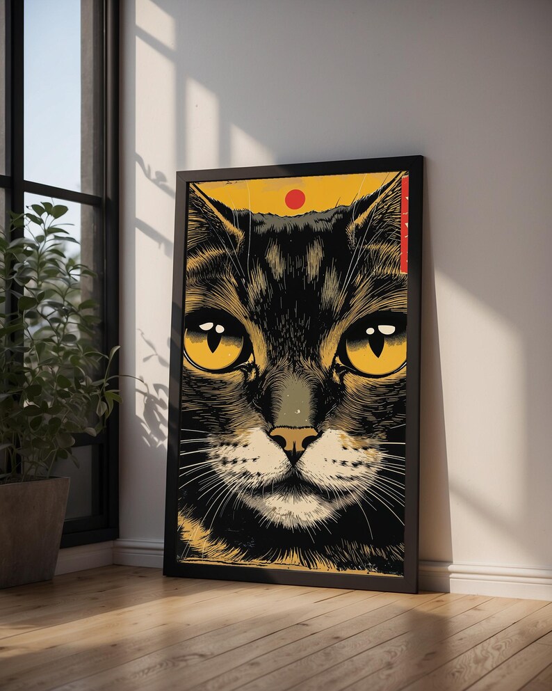 Japanese Cat Poster | Gold Eyes Woodblock Art image 4