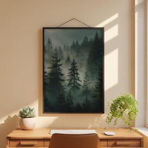 Misty Forest Poster | Atmospheric Pine Trees Art image 1