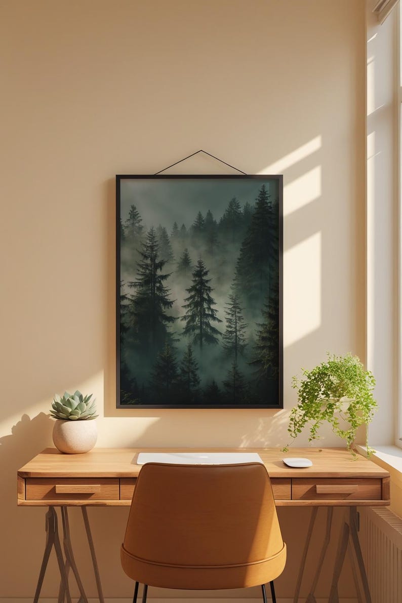 Misty Forest Poster | Atmospheric Pine Trees Art image 1