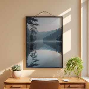 Misty Mountain Lake | Fog Forest Water Landscape Poster | Zen Nature Wall Art image 1