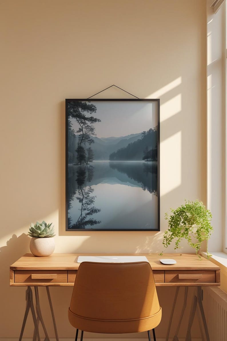 Misty Mountain Lake | Fog Forest Water Landscape Poster | Zen Nature Wall Art image 1