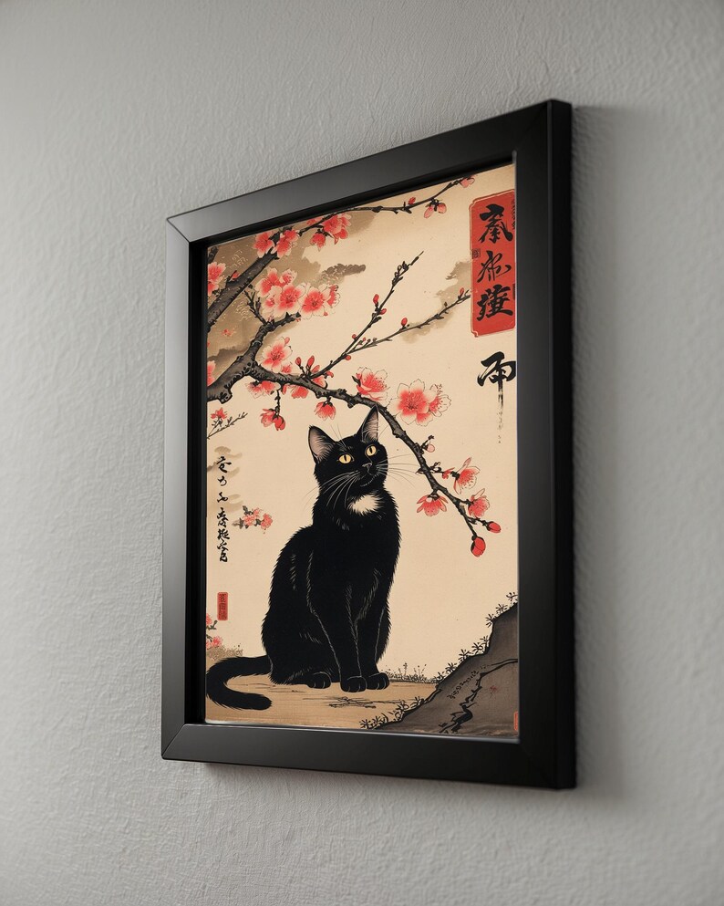 Black Cat Cherry Blossoms | Asian Wall Art Poster image 8