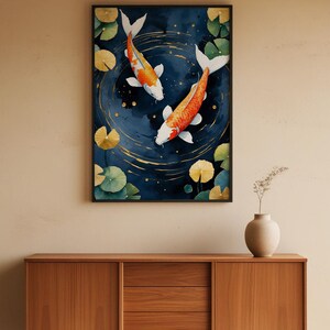 Koi Fish Zen Art | Japanese Garden Poster | Indigo Gold Wall Decor image 5