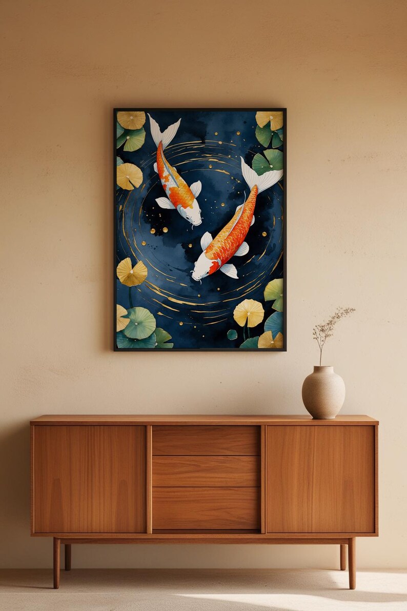 Koi Fish Zen Art | Japanese Garden Poster | Indigo Gold Wall Decor image 5