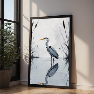 Minimalist Heron | Reflected Water Bird | Zen Nature Art Bild 9