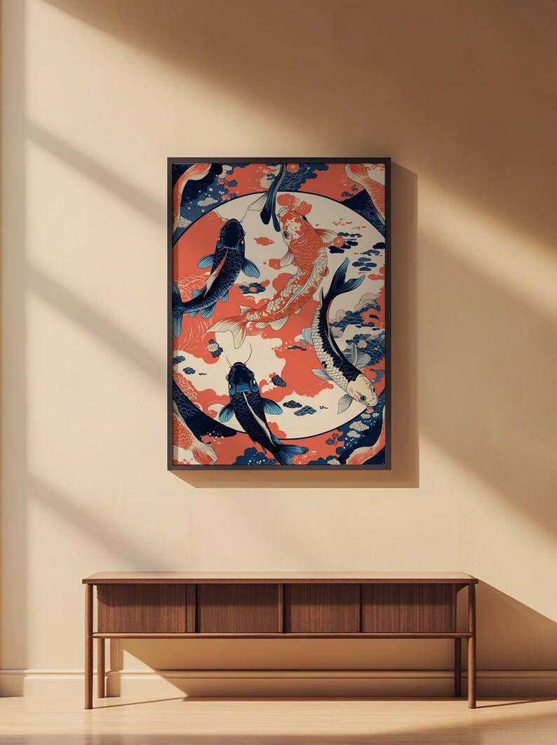 Koi Fish Circle | Japanese Water Art | Zen Ikat Pattern Poster image 2