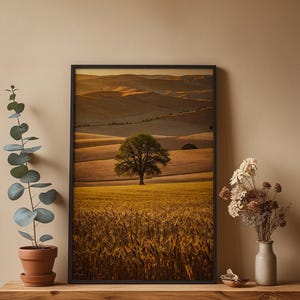Arte paisajístico de la Toscana / Póster de colinas onduladas / Impresión de una campiña dorada imagen 4
