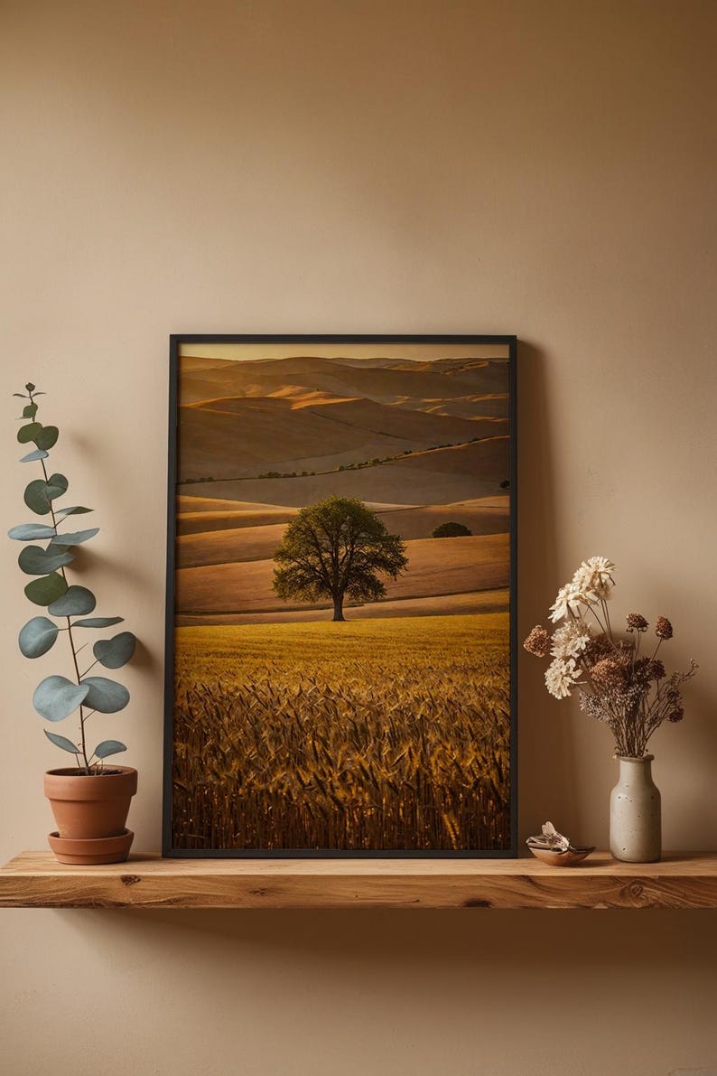 Arte paisajístico de la Toscana / Póster de colinas onduladas / Impresión de una campiña dorada imagen 4
