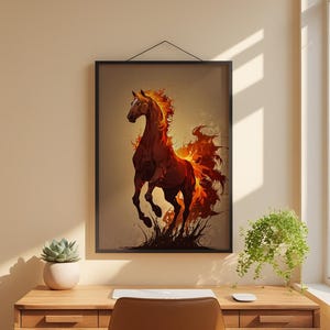 Arte de caballo de fuego / Póster de semental llameante / Decoración de pared de fantasía moderna imagen 1