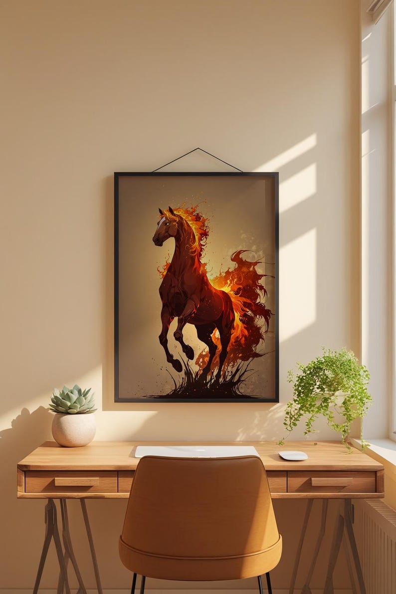 Arte de caballo de fuego / Póster de semental llameante / Decoración de pared de fantasía moderna imagen 1