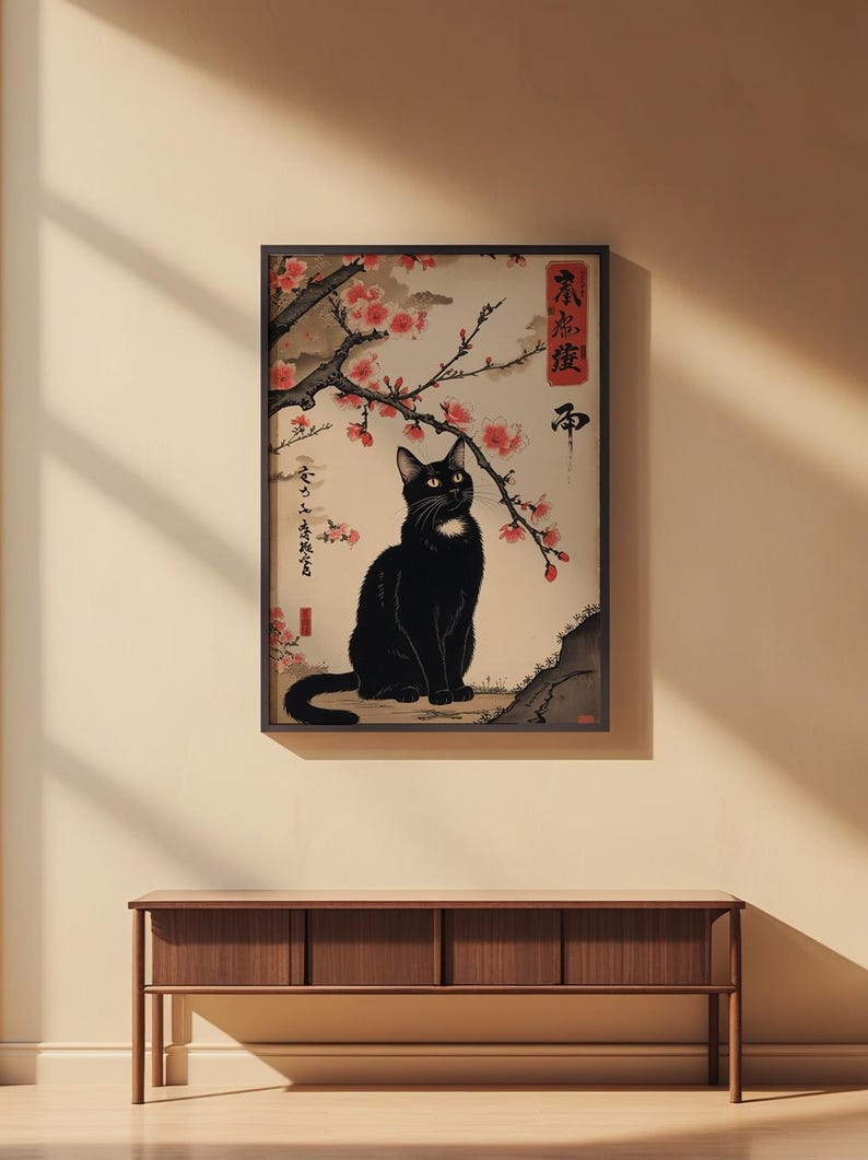 Black Cat Cherry Blossoms | Asian Wall Art Poster image 2