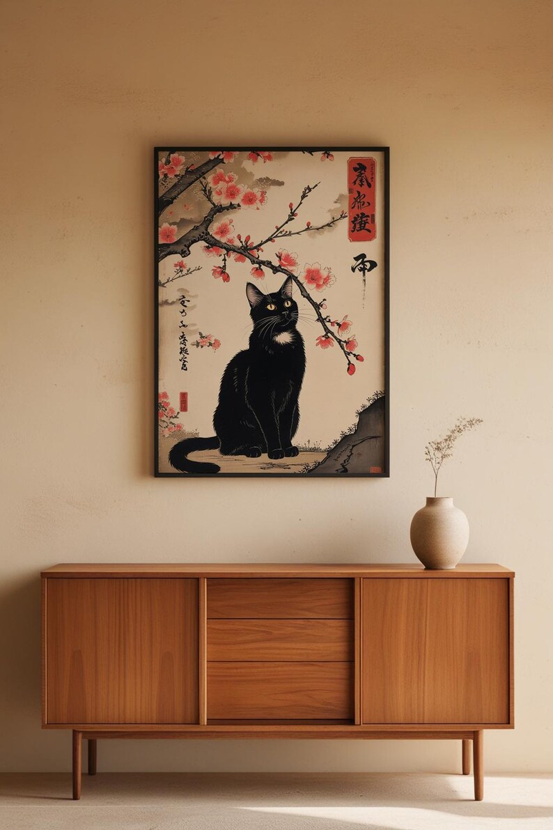 Black Cat Cherry Blossoms | Asian Wall Art Poster image 5