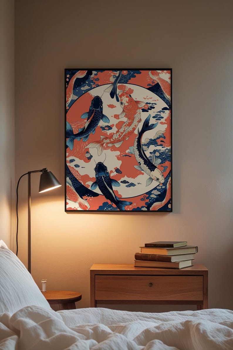 Koi Fish Circle | Japanese Water Art | Zen Ikat Pattern Poster image 3