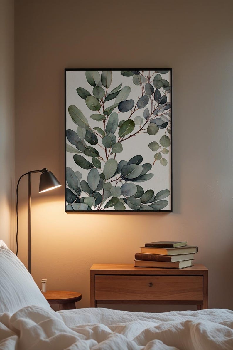 Arte mural de eucalipto / Impresión botánica de hojas verdes / Decoración del hogar con tonos salvia imagen 3