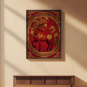 Chinese horse art | Red gold zodiac poster | Asian wall decor Bild 2