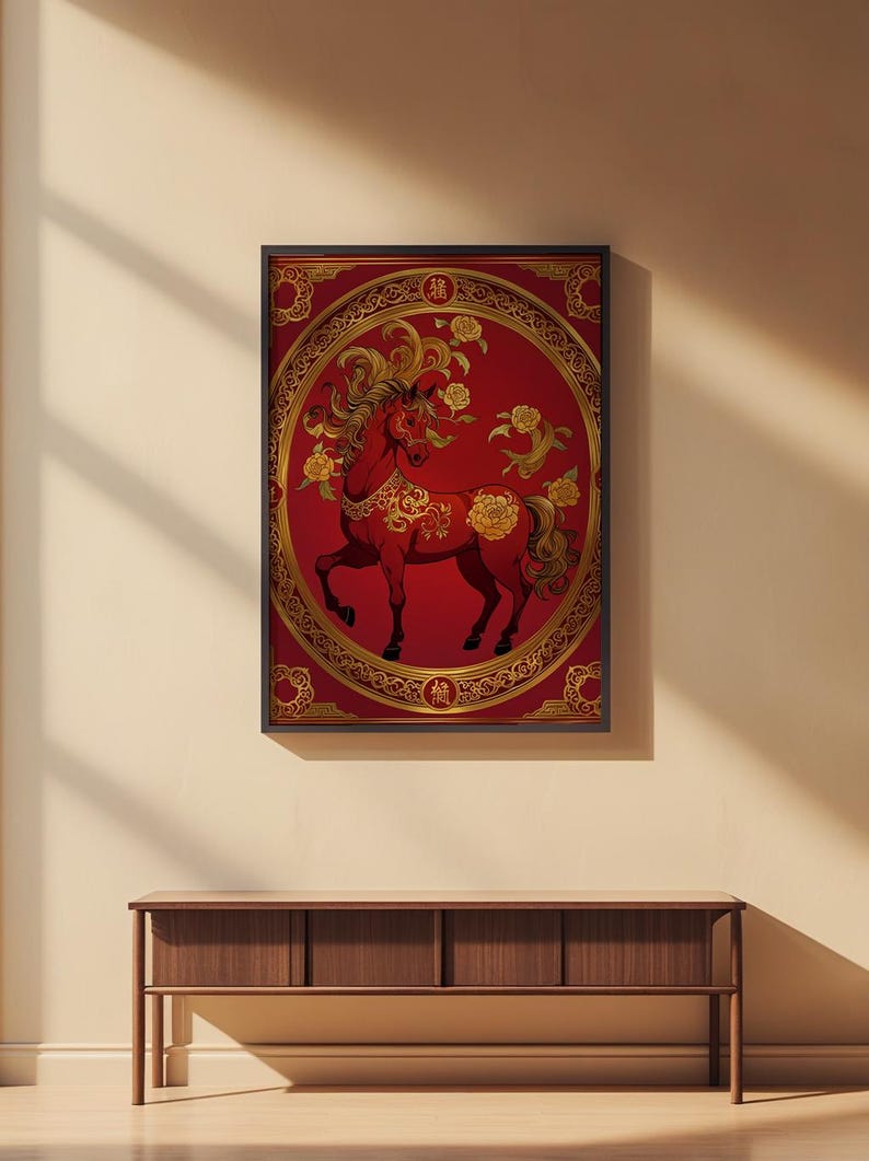 Chinese horse art | Red gold zodiac poster | Asian wall decor Bild 2
