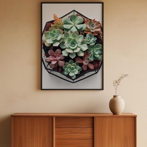Minimalist succulent wall art in a contemporary home interior featuring geometric hexagon design with green and burgundy plant illustrations