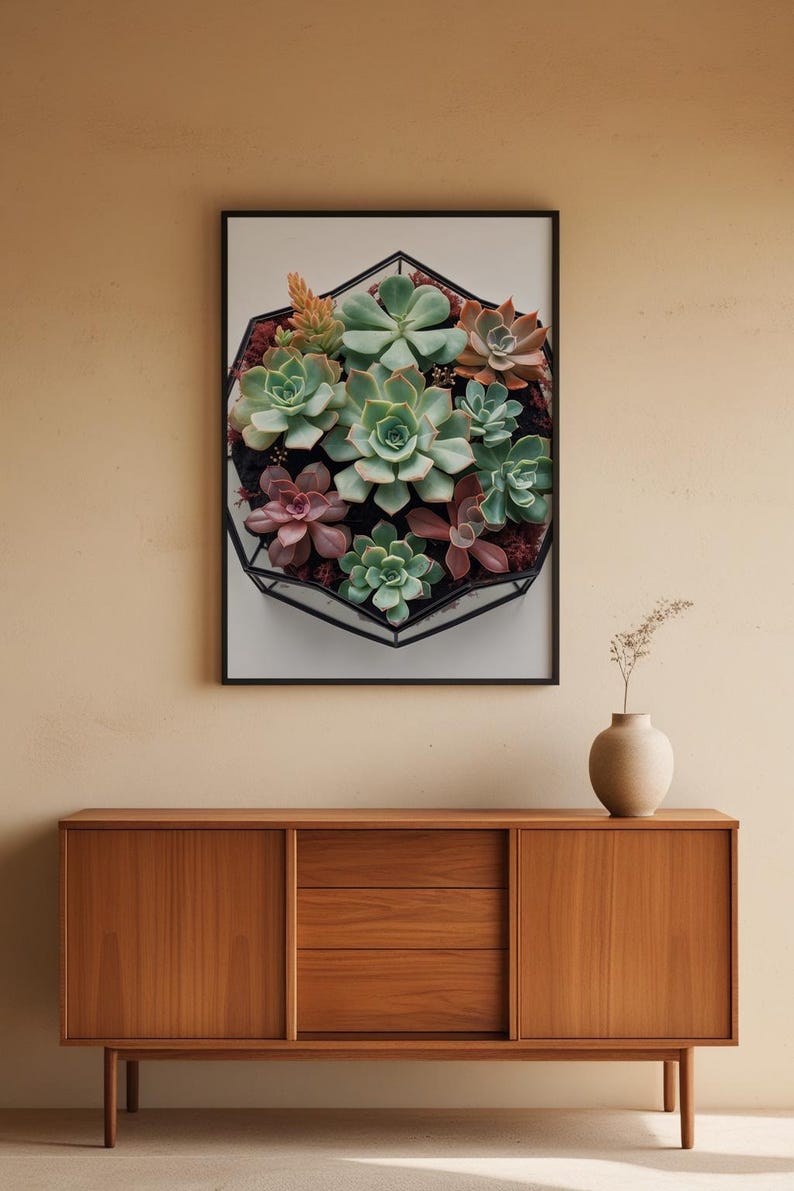 Minimalist succulent wall art in a contemporary home interior featuring geometric hexagon design with green and burgundy plant illustrations