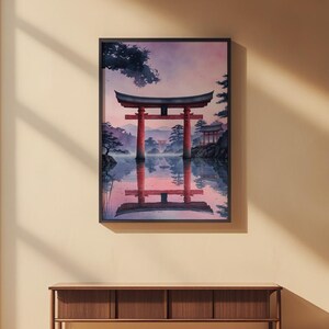 Torii gate wall art poster displayed in a modern bedroom with warm natural lighting, complementing minimalist japandi decor on a neutral wall above a wooden desk