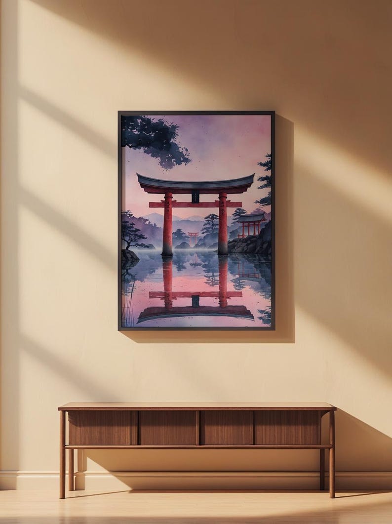 Torii gate wall art poster displayed in a modern bedroom with warm natural lighting, complementing minimalist japandi decor on a neutral wall above a wooden desk