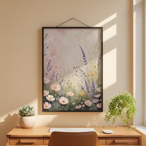 Prado de flores silvestres en tonos pastel / Póster botánico romántico / Arte de acuarela suave imagen 3