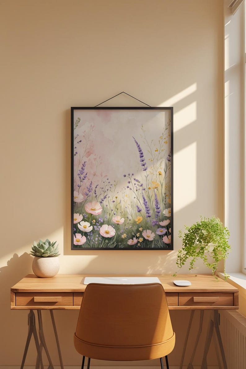 Prado de flores silvestres en tonos pastel / Póster botánico romántico / Arte de acuarela suave imagen 3