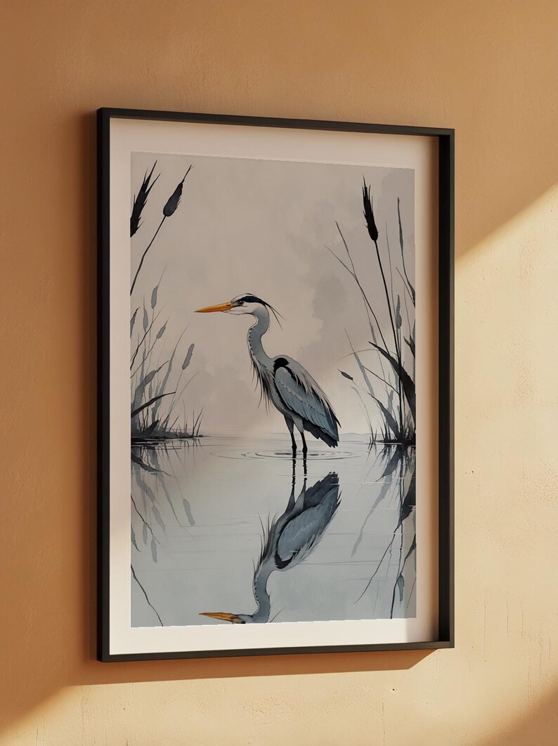 Minimalist Heron | Reflected Water Bird | Zen Nature Art Bild 7