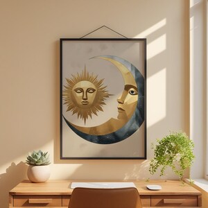 Celestial Wall Art | Modern Minimalist Poster | Abstract Sun Moon Gold Silver imagem 1