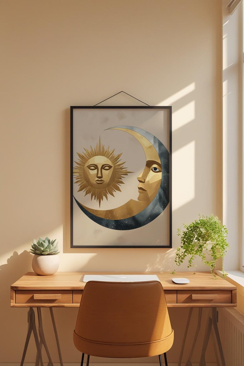 Celestial Wall Art | Modern Minimalist Poster | Abstract Sun Moon Gold Silver imagem 1
