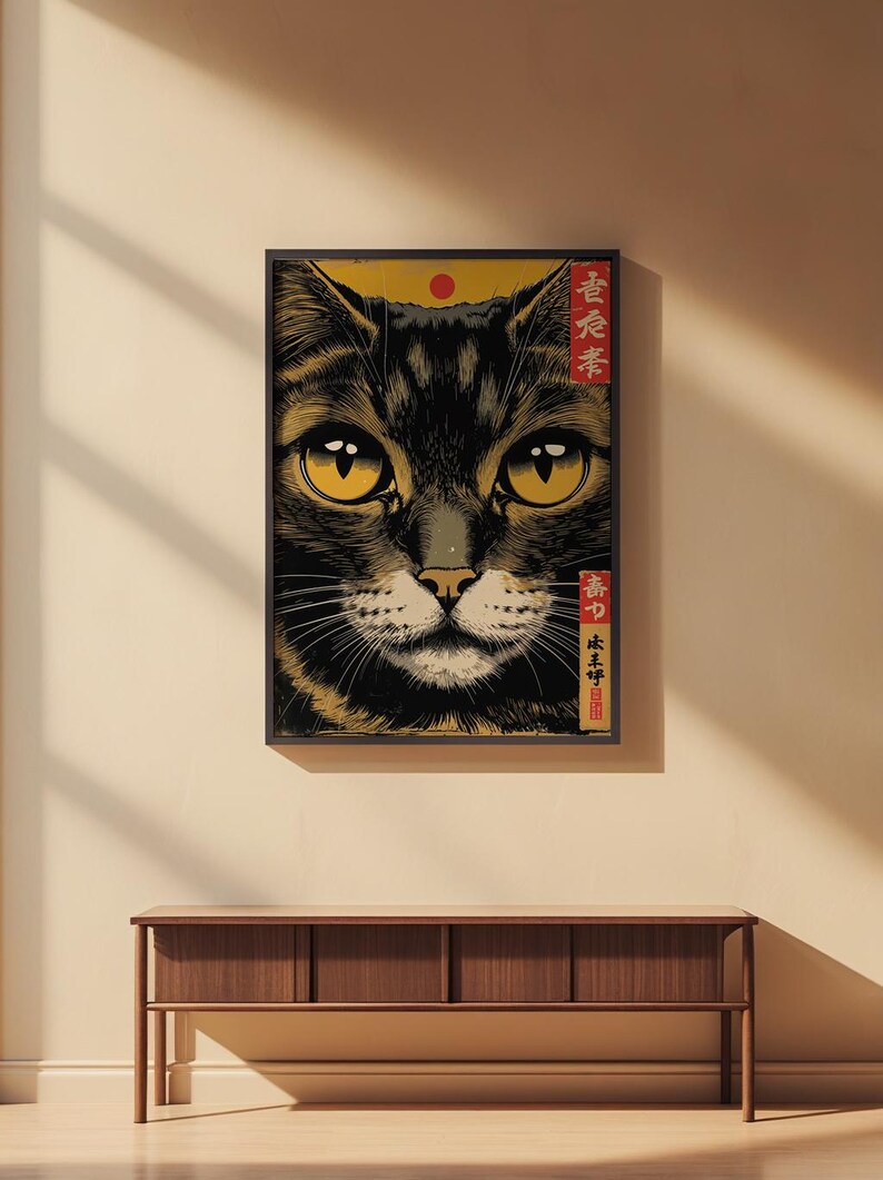 Japanese Cat Poster | Gold Eyes Woodblock Art image 2