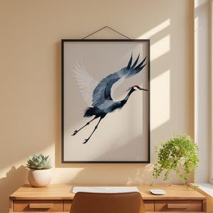 Ink Crane Flight | Japanese Minimalist Bird Art | Zen Wall Decor Bild 1
