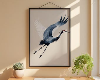 Vuelo de grulla de tinta / Arte minimalista japonés de aves / Decoración de pared zen