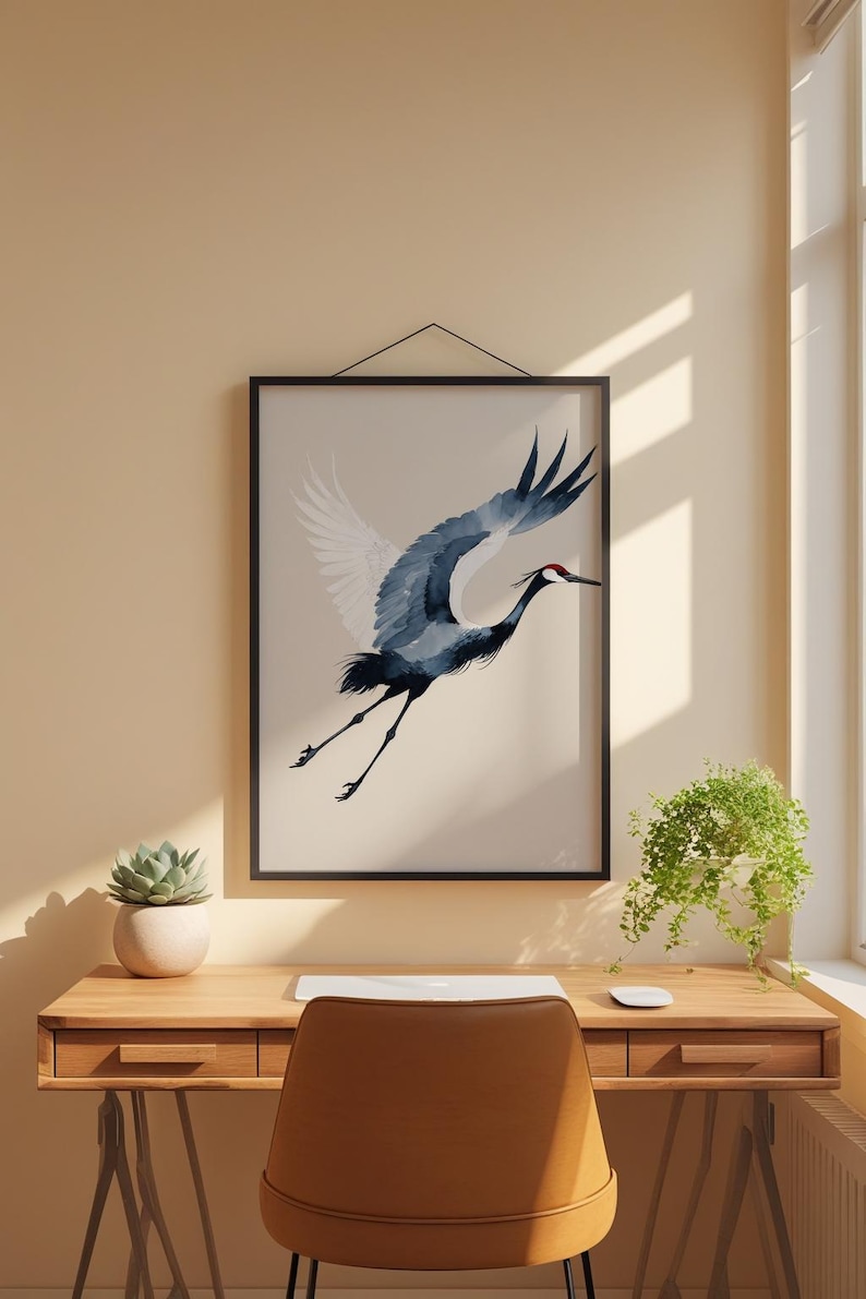 Ink Crane Flight | Japanese Minimalist Bird Art | Zen Wall Decor Bild 1