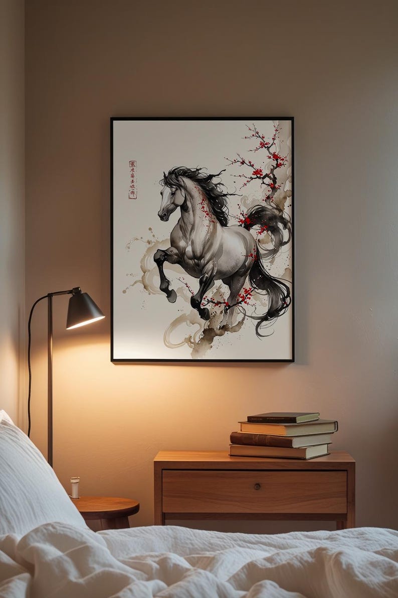 Horse Cherry Blossom | Asian Ink Art Print | Japanese Watercolor Poster 画像 3