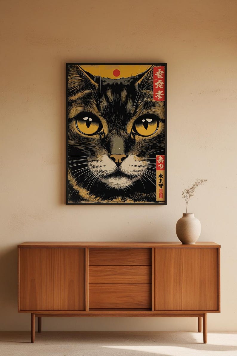 Japanese Cat Poster | Gold Eyes Woodblock Art image 1