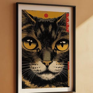 Japanese Cat Poster | Gold Eyes Woodblock Art image 7