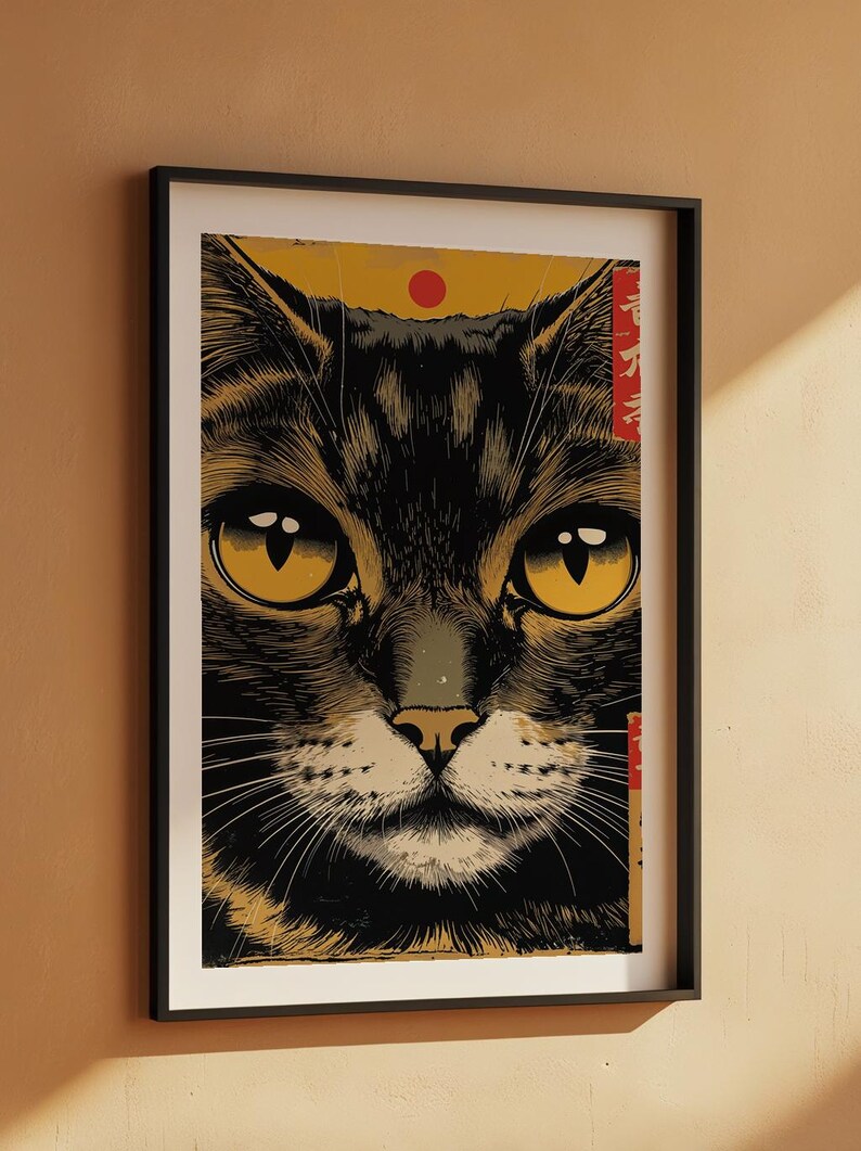Japanese Cat Poster | Gold Eyes Woodblock Art image 7